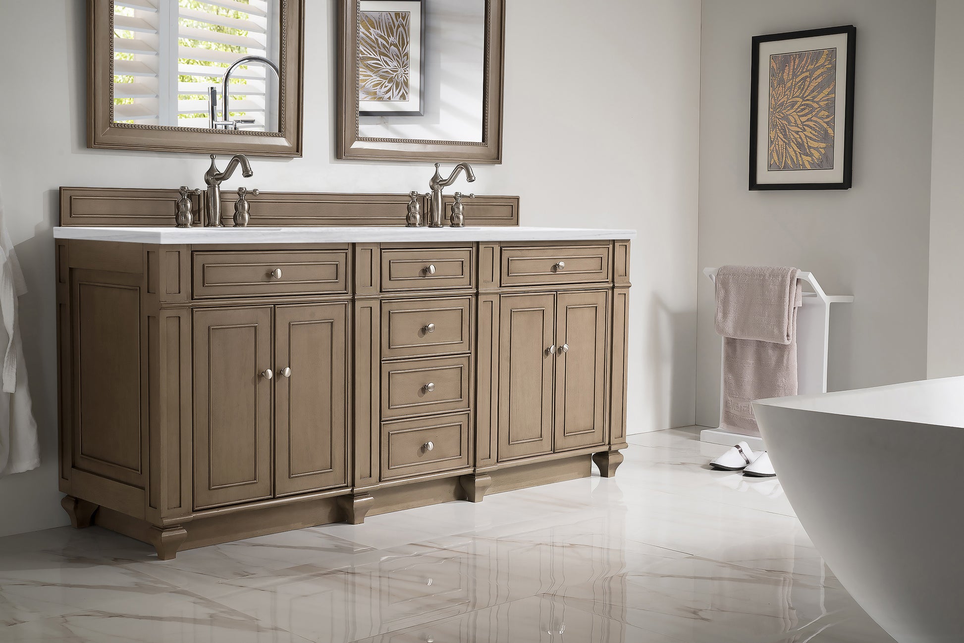 Bristol 72" Double Vanity, Whitewashed Walnut, w/ 3 CM Carrara Marble Top James Martin Vanities