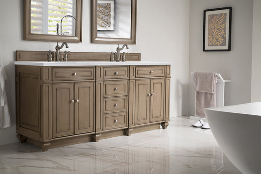 Bristol 72" Double Vanity, Whitewashed Walnut, w/ 3 CM Carrara Marble Top James Martin Vanities