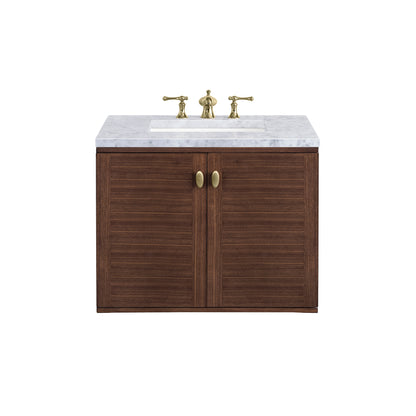 Amberly 30" Single Vanity, Mid-Century Walnut w/ 3CM Carrara Marble Top James Martin Vanities
