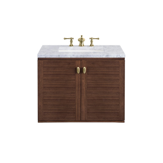 Amberly 30" Single Vanity, Mid-Century Walnut w/ 3CM Carrara Marble Top James Martin Vanities