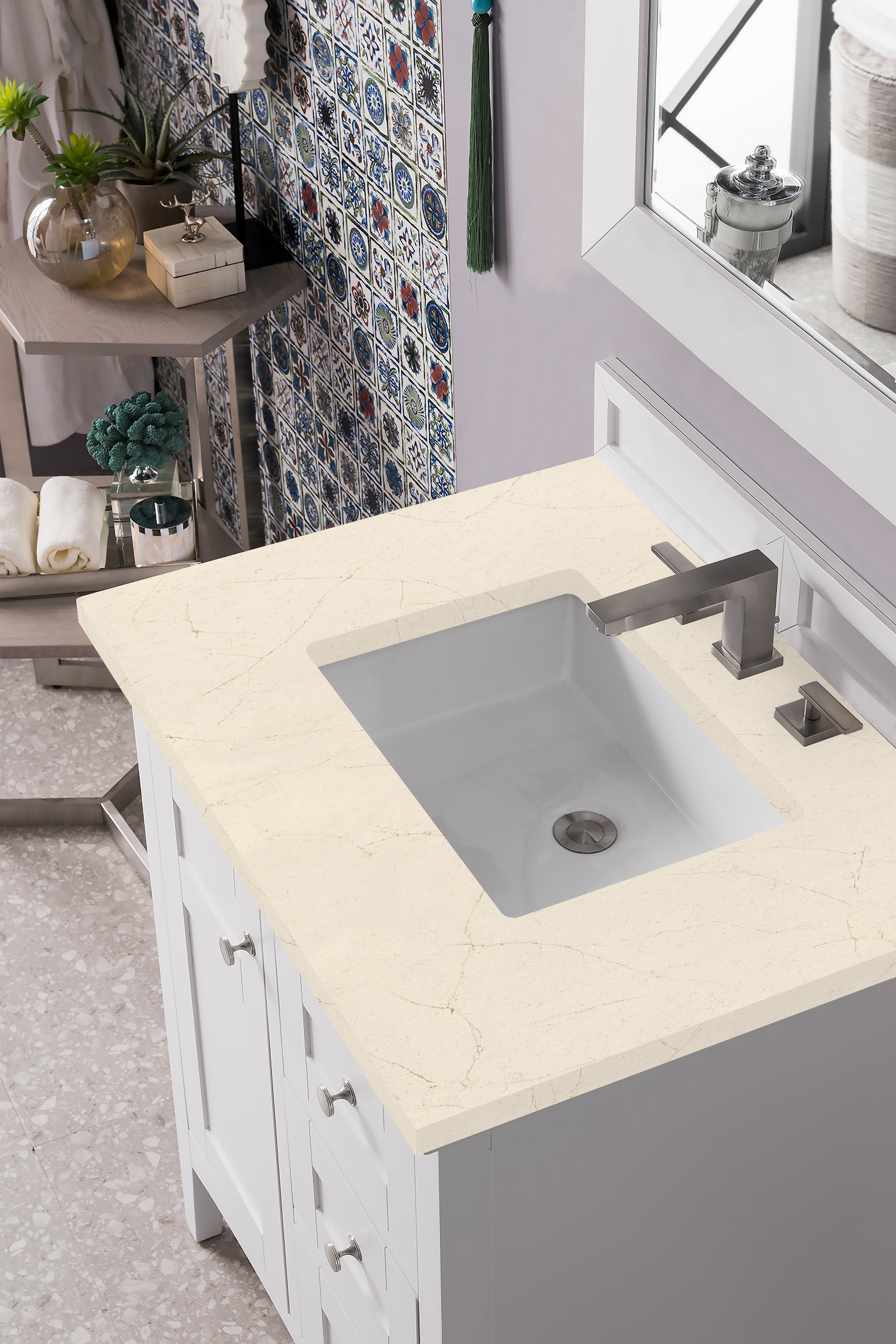Palisades 30" Single Vanity, Bright White, w/ 3 CM Eternal Marfil Quartz Top James Martin Vanities