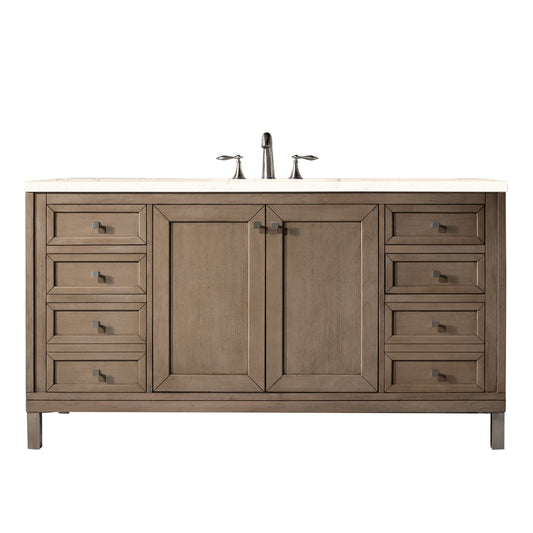 Chicago 60" Single Vanity, Whitewashed Walnut w/ 3 CM Eternal Marfil Quartz Top James Martin Vanities