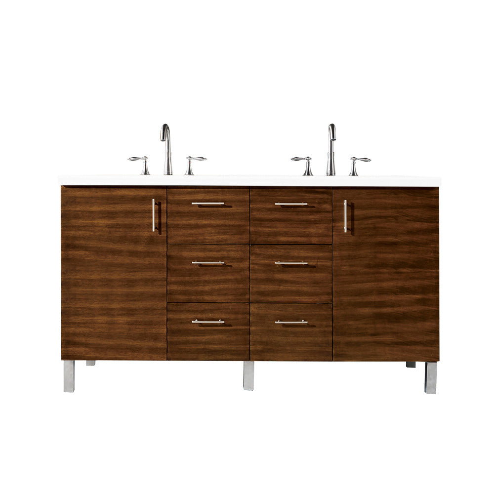 Metropolitan 60" Double Vanity, American Walnut, w/ 3 CM White Zeus Quartz Top James Martin Vanities