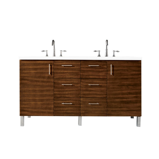 Metropolitan 60" Double Vanity, American Walnut, w/ 3 CM White Zeus Quartz Top James Martin Vanities