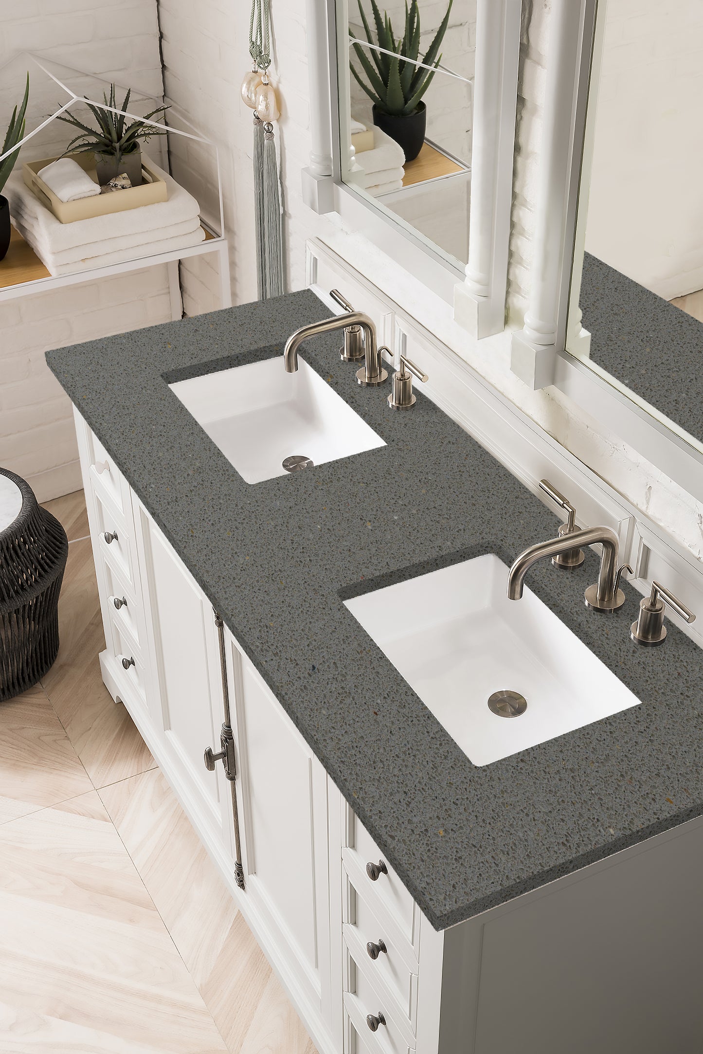 Providence 60" Double Vanity Cabinet, Bright White, w/ 3 CM Grey Expo Quartz Top James Martin