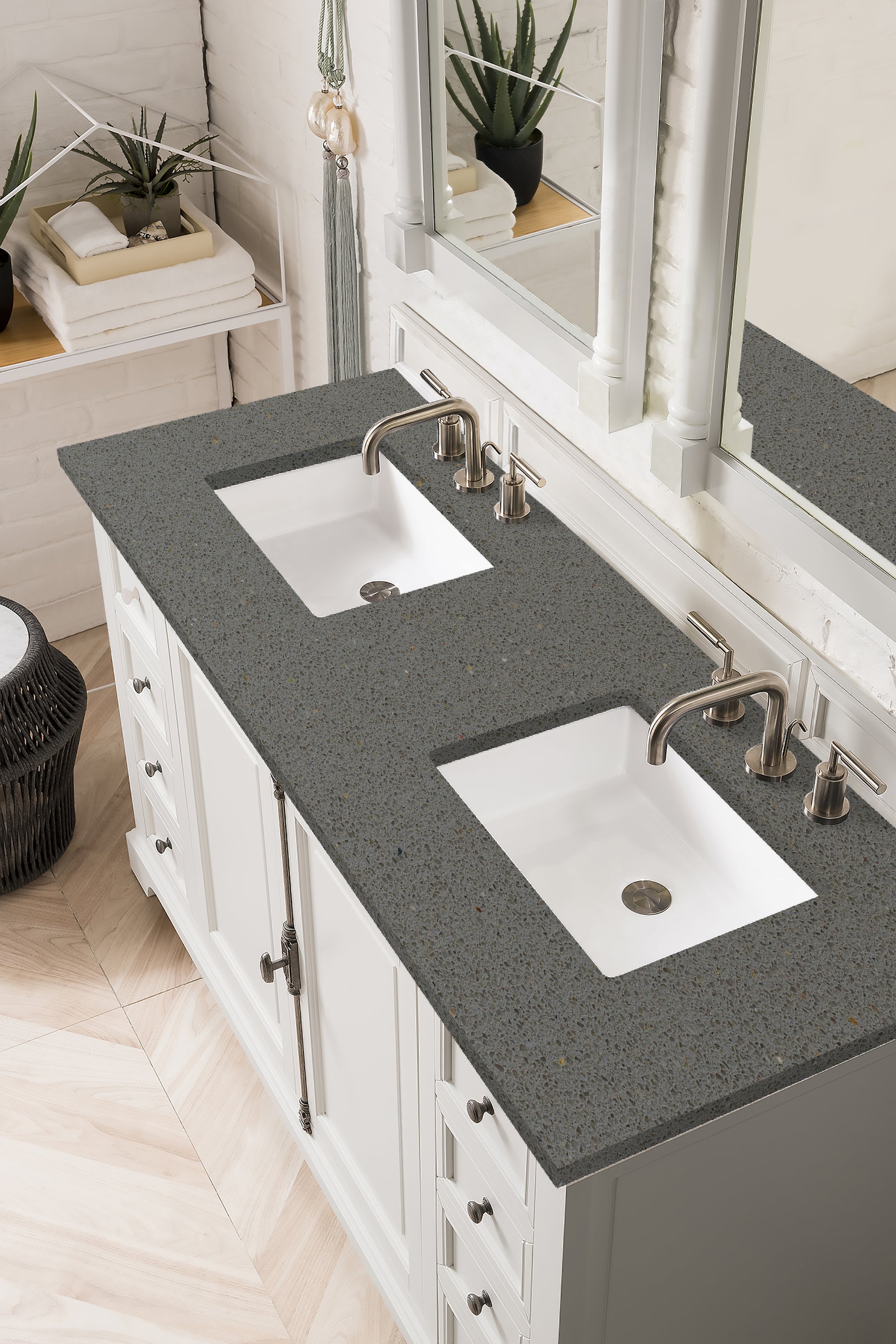 Providence 60" Double Vanity Cabinet, Bright White, w/ 3 CM Grey Expo Quartz Top James Martin