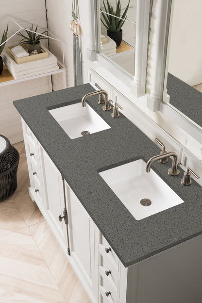 Providence 60" Double Vanity Cabinet, Bright White, w/ 3 CM Grey Expo Quartz Top James Martin