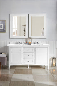Palisades 60" Double Vanity, Bright White, w/ 3 CM White Zeus Quartz Top James Martin Vanities