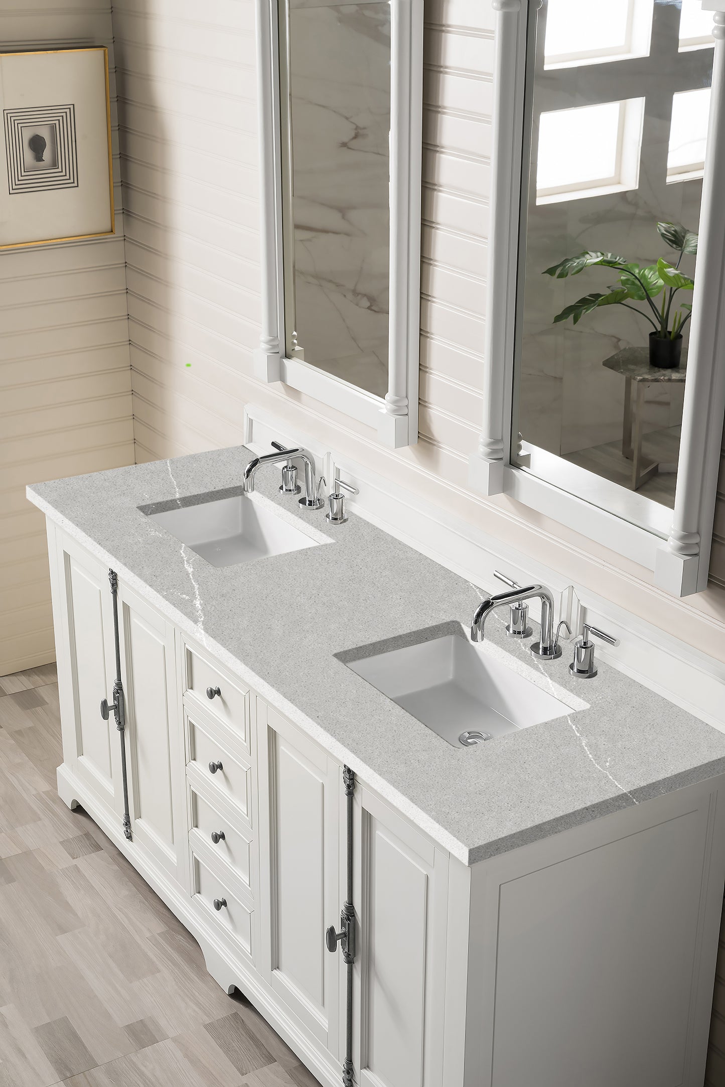 Providence 72" Double Vanity Cabinet, Bright White, w/ 3 CM Eternal Serena Quartz Top James Martin