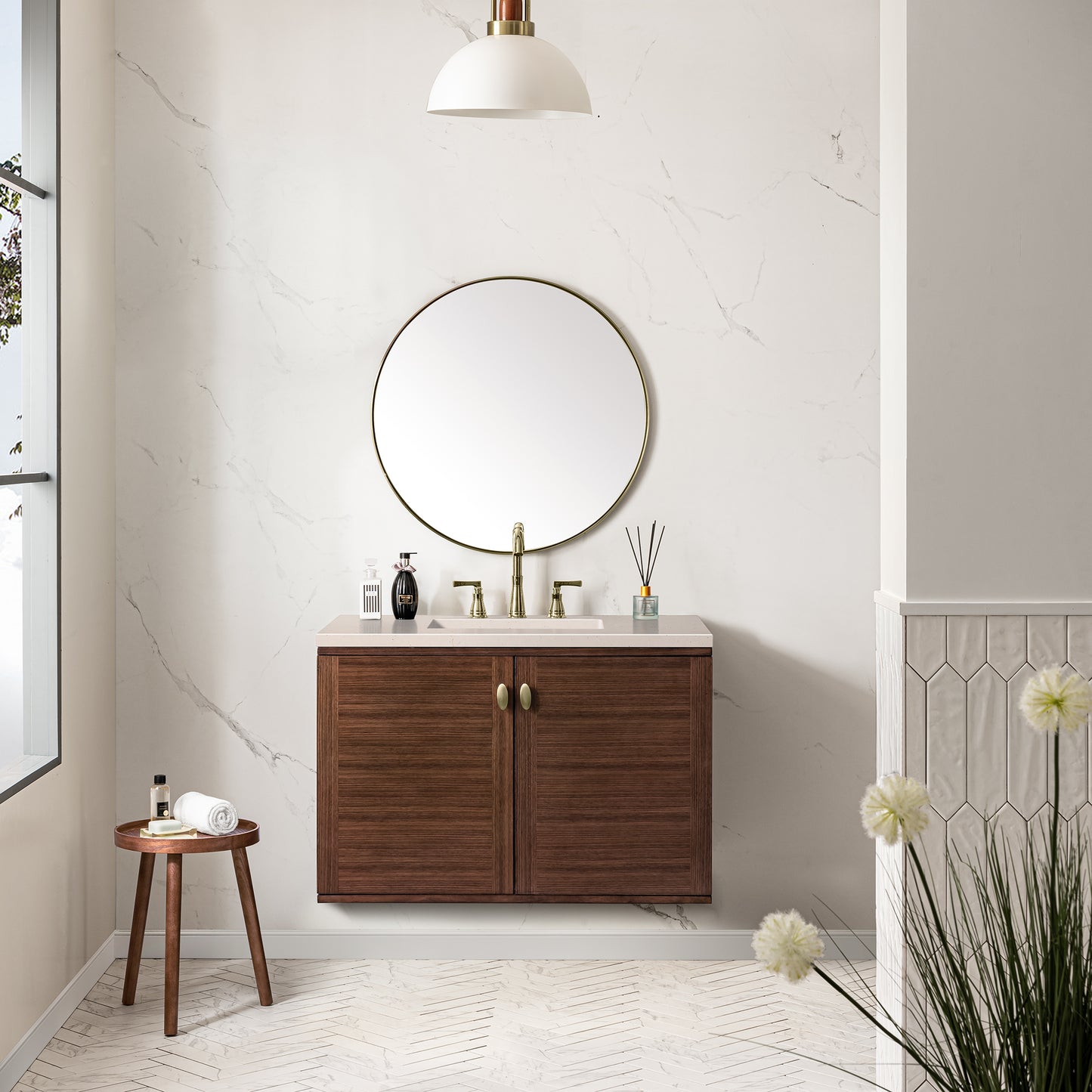 Amberly 36" Single Vanity, Mid-Century Walnut w/ 3CM Eternal Marfil Top James Martin Vanities