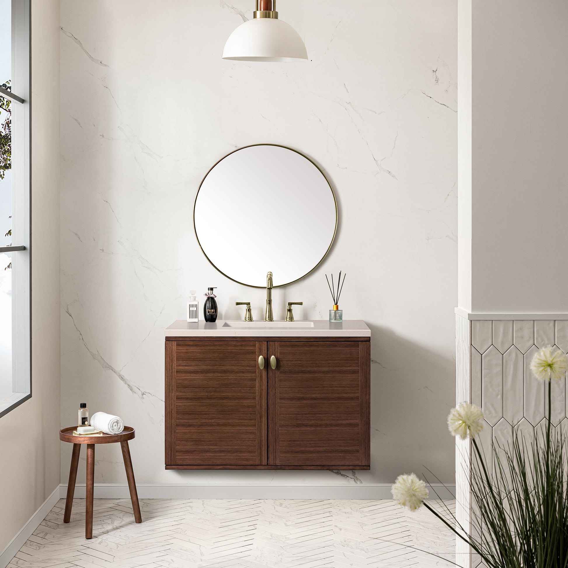 Amberly 36" Single Vanity, Mid-Century Walnut w/ 3CM Eternal Marfil Top James Martin Vanities