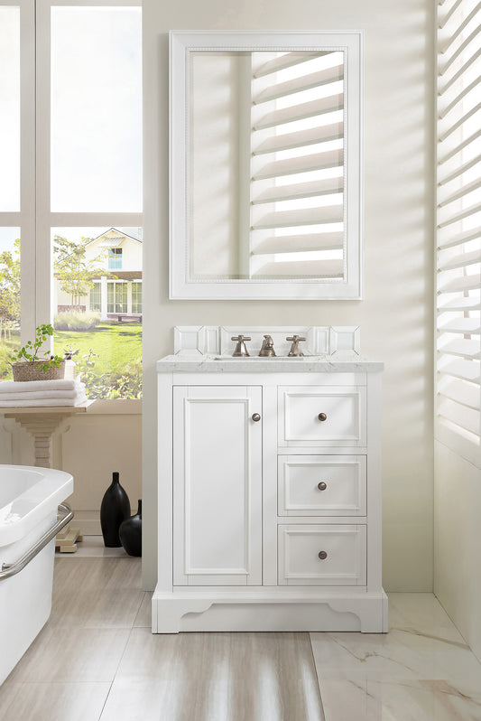 De Soto 30" Single Vanity, Bright White w/ 3 CM Eternal Jasmine Pearl Quartz Top James Martin Vanities