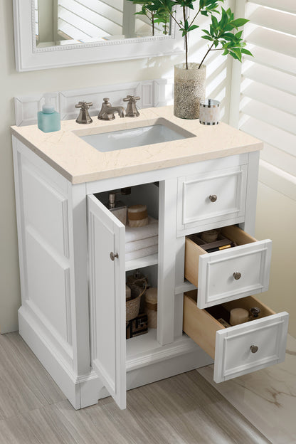 De Soto 30" Single Vanity, Bright White w/ 3 CM Eternal Marfil Quartz Top James Martin Vanities