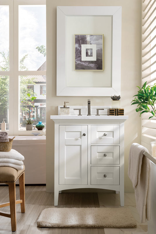 Palisades 30" Single Vanity, Bright White w/ 3 CM Arctic Fall Solid Surface Top James Martin Vanities