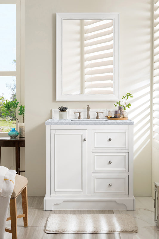 De Soto 36" Single Vanity, Bright White w/ 3 CM Carrara Marble Top James Martin Vanities