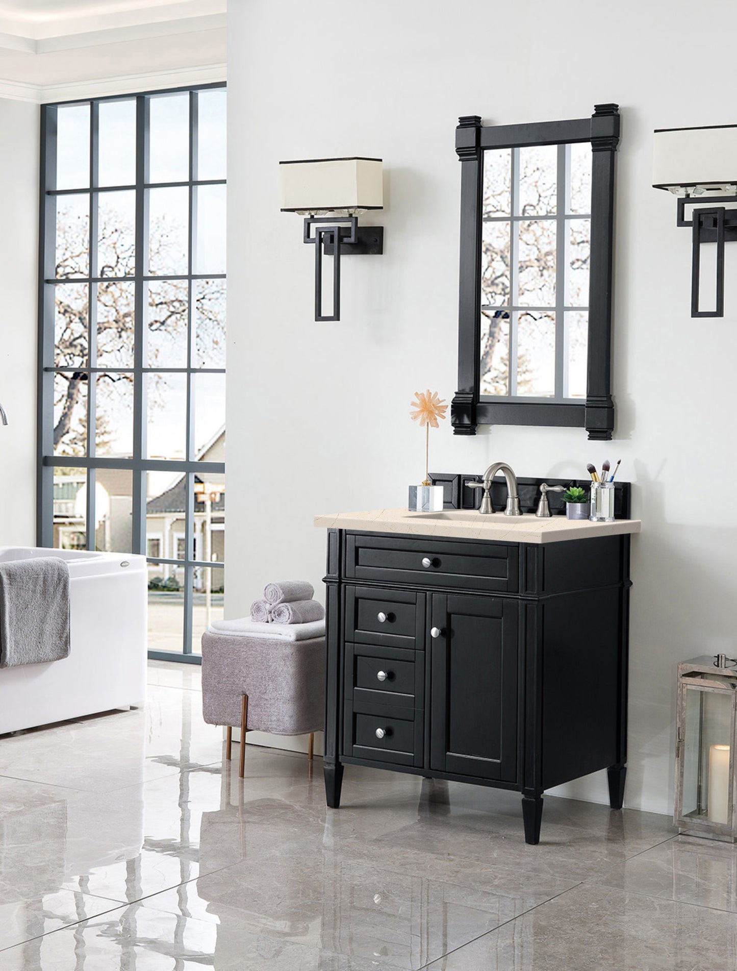 Brittany 30" Single Vanity, Black Onyx, w/ 3 CM Eternal Marfil Quartz Top James Martin Vanities