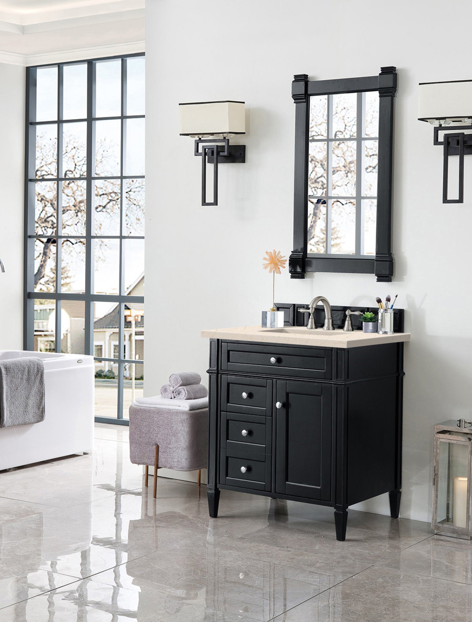 Brittany 30" Single Vanity, Black Onyx, w/ 3 CM Eternal Marfil Quartz Top James Martin Vanities