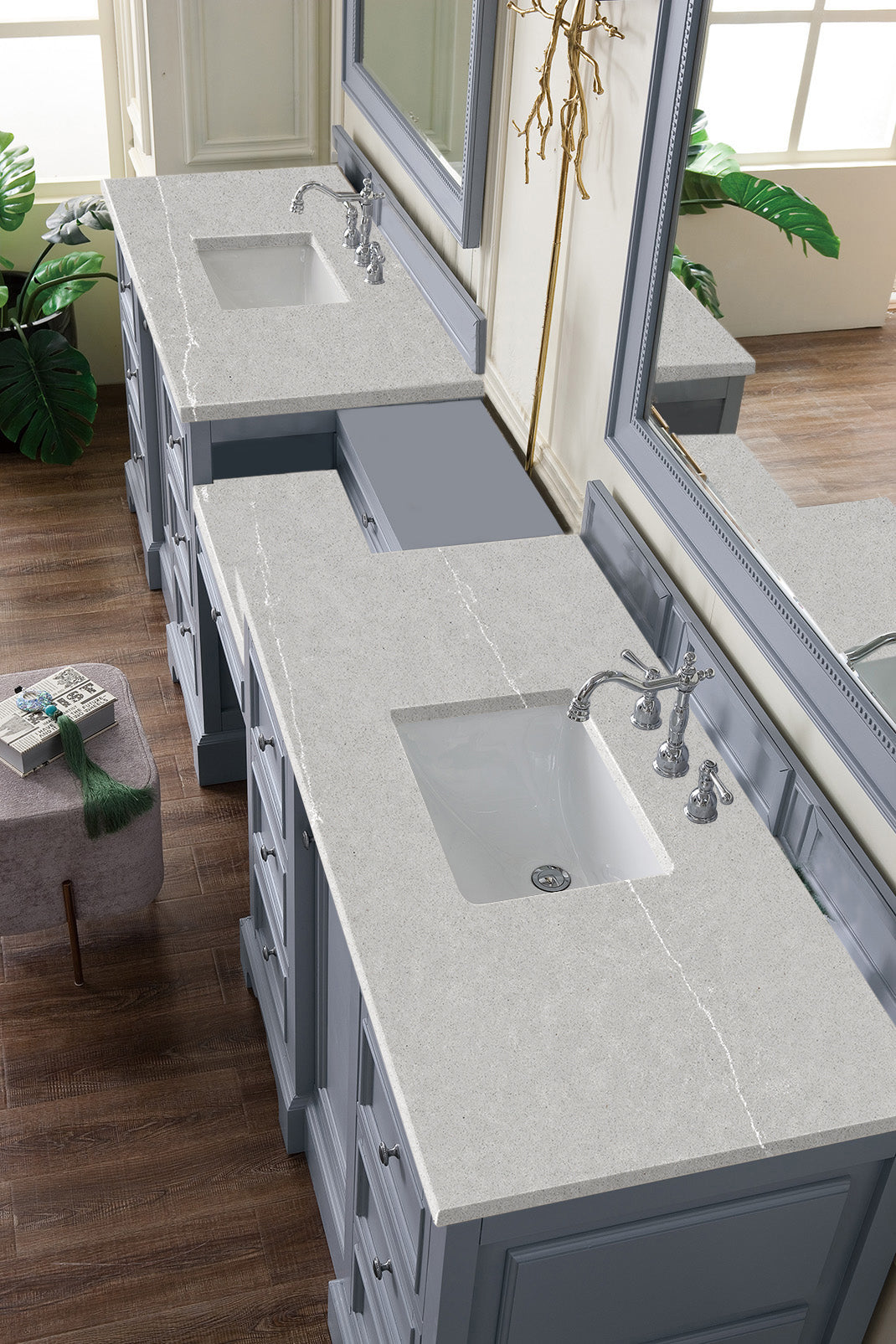 De Soto 118" Double Vanity Set, Silver Gray w/ Makeup Table, 3 CM Eternal Serena Quartz Top James Martin