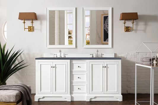 De Soto 72" Double Vanity, Bright White w/ 3 CM Charcoal Soapstone Quartz Top James Martin Vanities