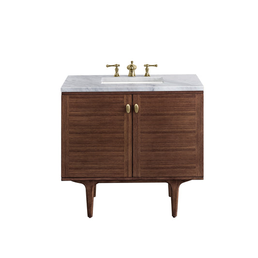 Amberly 36" Single Vanity, Mid-Century Walnut w/ 3CM Carrara Marble Top James Martin Vanities