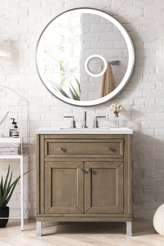 Chicago 30" Single Vanity, Whitewashed Walnut w/ 3 CM Arctic Fall Solid Surface Top James Martin Vanities