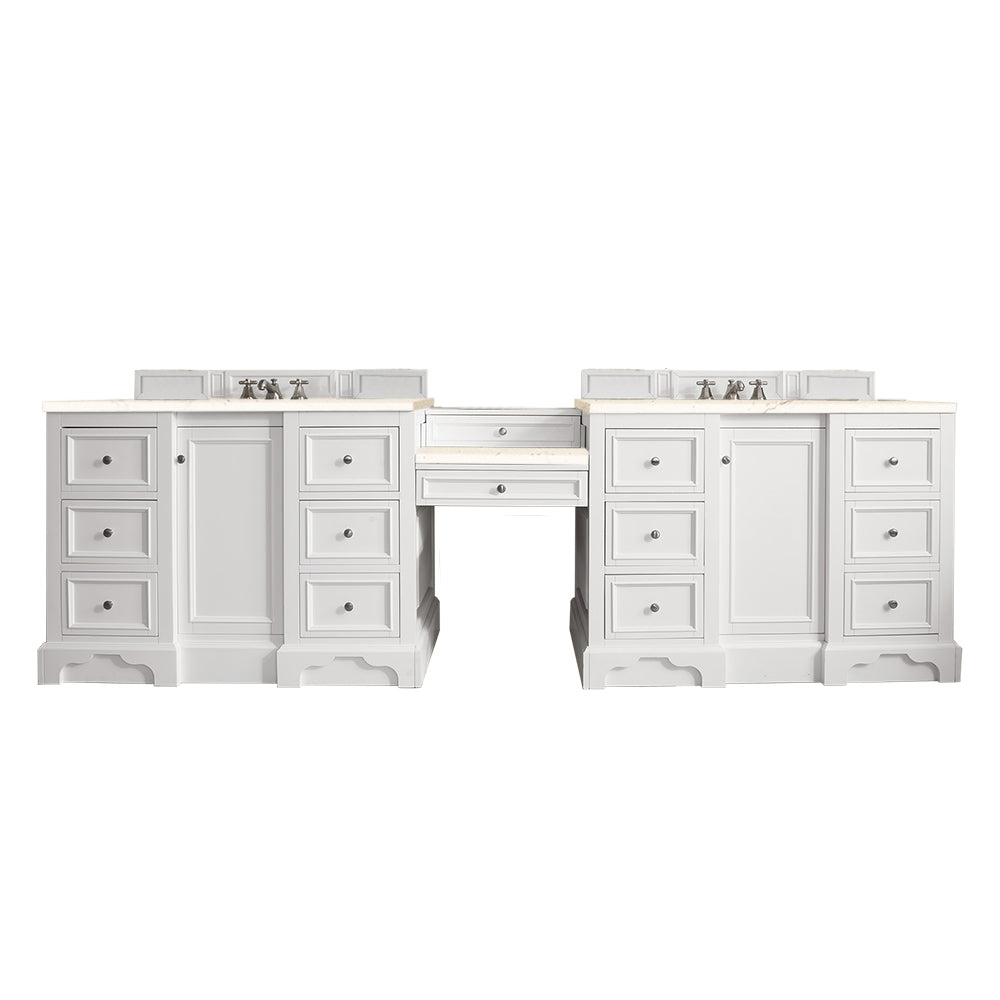 De Soto 118" Double Vanity Set, Bright White w/ Makeup Table, 3 CM Eternal Marfil Quartz Top James Martin