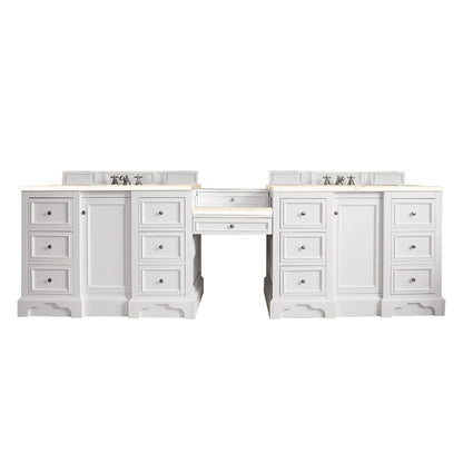 De Soto 118" Double Vanity Set, Bright White w/ Makeup Table, 3 CM Eternal Marfil Quartz Top James Martin