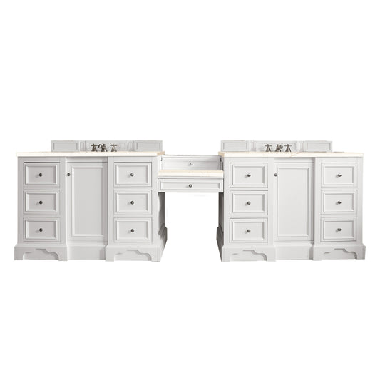 De Soto 118" Double Vanity Set, Bright White w/ Makeup Table, 3 CM Eternal Marfil Quartz Top James Martin