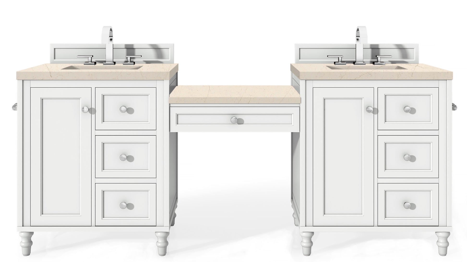 Copper Cove Encore 86" Double Vanity Set, Bright White w/ Makeup Table, 3 CM Eternal Marfil Quartz Top James Martin Vanities