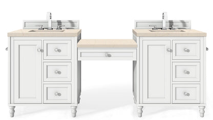 Copper Cove Encore 86" Double Vanity Set, Bright White w/ Makeup Table, 3 CM Eternal Marfil Quartz Top James Martin Vanities