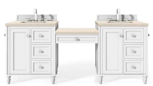 Copper Cove Encore 86" Double Vanity Set, Bright White w/ Makeup Table, 3 CM Eternal Marfil Quartz Top James Martin Vanities