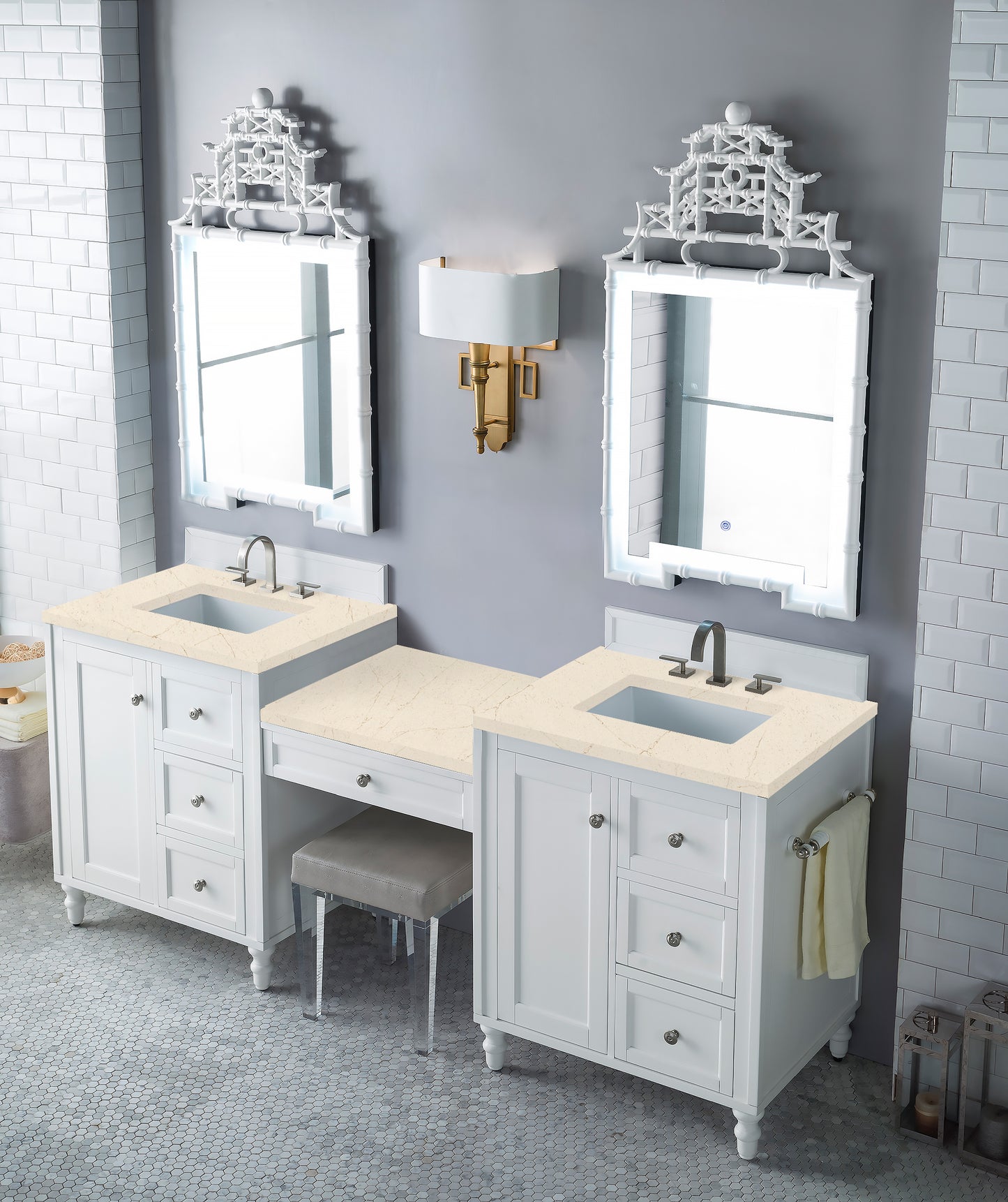 Copper Cove Encore 86" Double Vanity Set, Bright White w/ Makeup Table, 3 CM Eternal Marfil Quartz Top James Martin Vanities