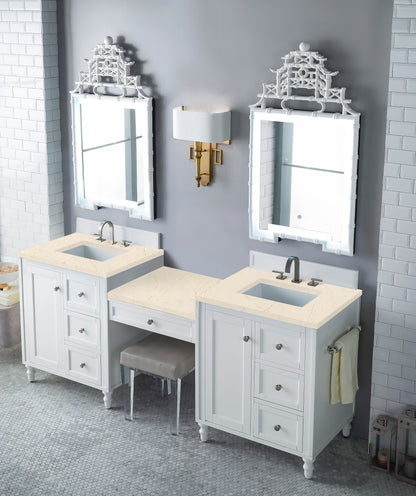 Copper Cove Encore 86" Double Vanity Set, Bright White w/ Makeup Table, 3 CM Eternal Marfil Quartz Top James Martin Vanities