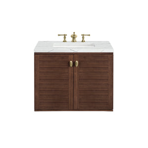 Amberly 30" Single Vanity, Mid-Century Walnut w/ 3CM Ethereal Noctis Top James Martin Vanities