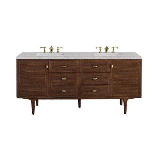 Amberly 72" Double Vanity, Mid-Century Walnut w/ 3CM Eternal Jasmine Pearl Top James Martin Vanities