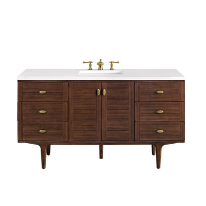 Amberly 60" Single Vanity, Mid-Century Walnut w/ 3CM White Zeus Top James Martin Vanities