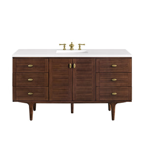 Amberly 60" Single Vanity, Mid-Century Walnut w/ 3CM White Zeus Top James Martin Vanities