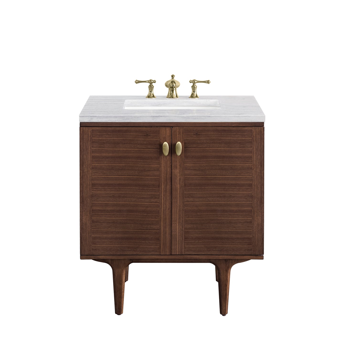 Amberly 30" Single Vanity, Mid-Century Walnut w/ 3CM Arctic Fall Top James Martin Vanities
