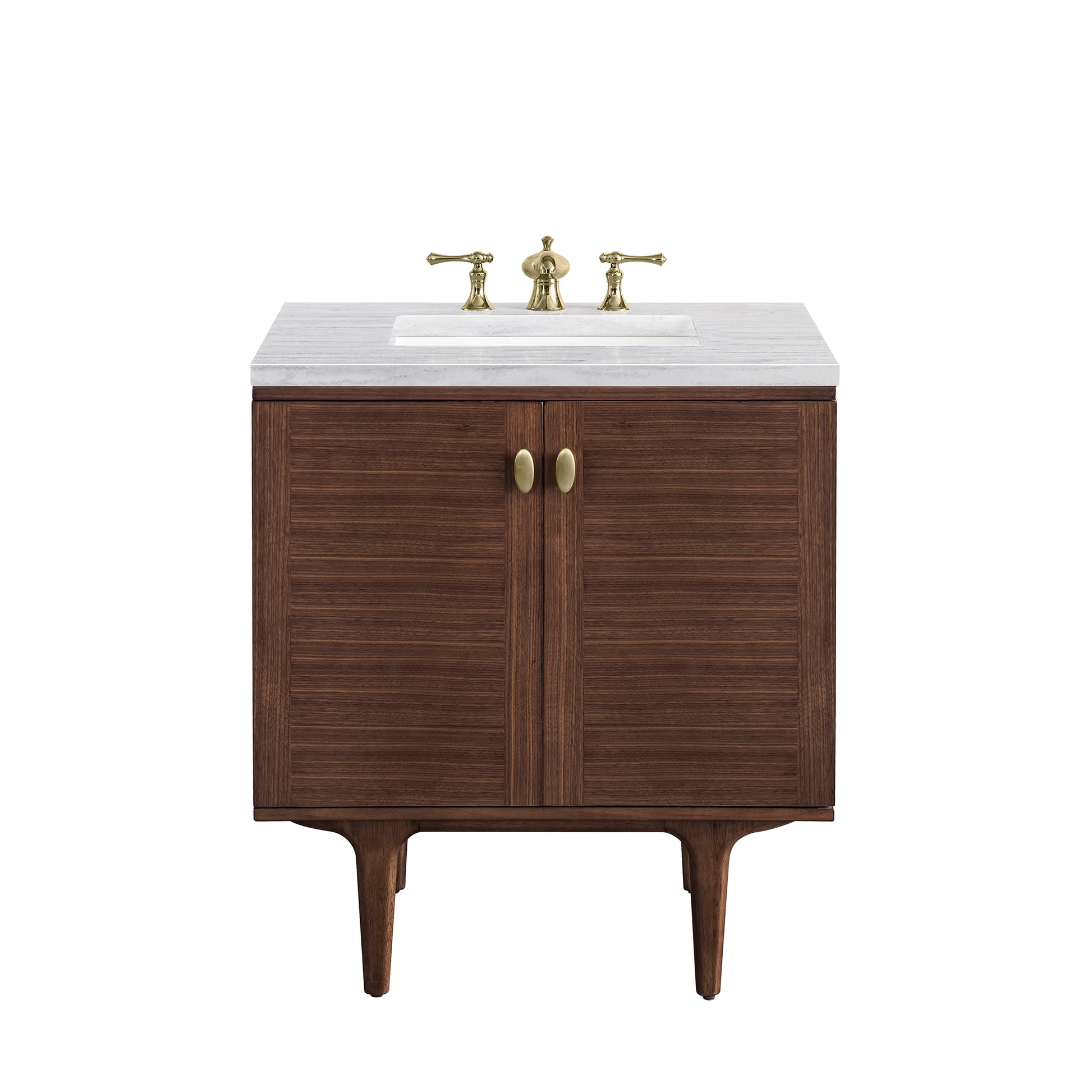 Amberly 30" Single Vanity, Mid-Century Walnut w/ 3CM Arctic Fall Top James Martin Vanities