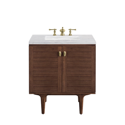 Amberly 30" Single Vanity, Mid-Century Walnut w/ 3CM Arctic Fall Top James Martin Vanities