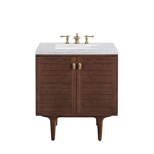 Amberly 30" Single Vanity, Mid-Century Walnut w/ 3CM Arctic Fall Top James Martin Vanities
