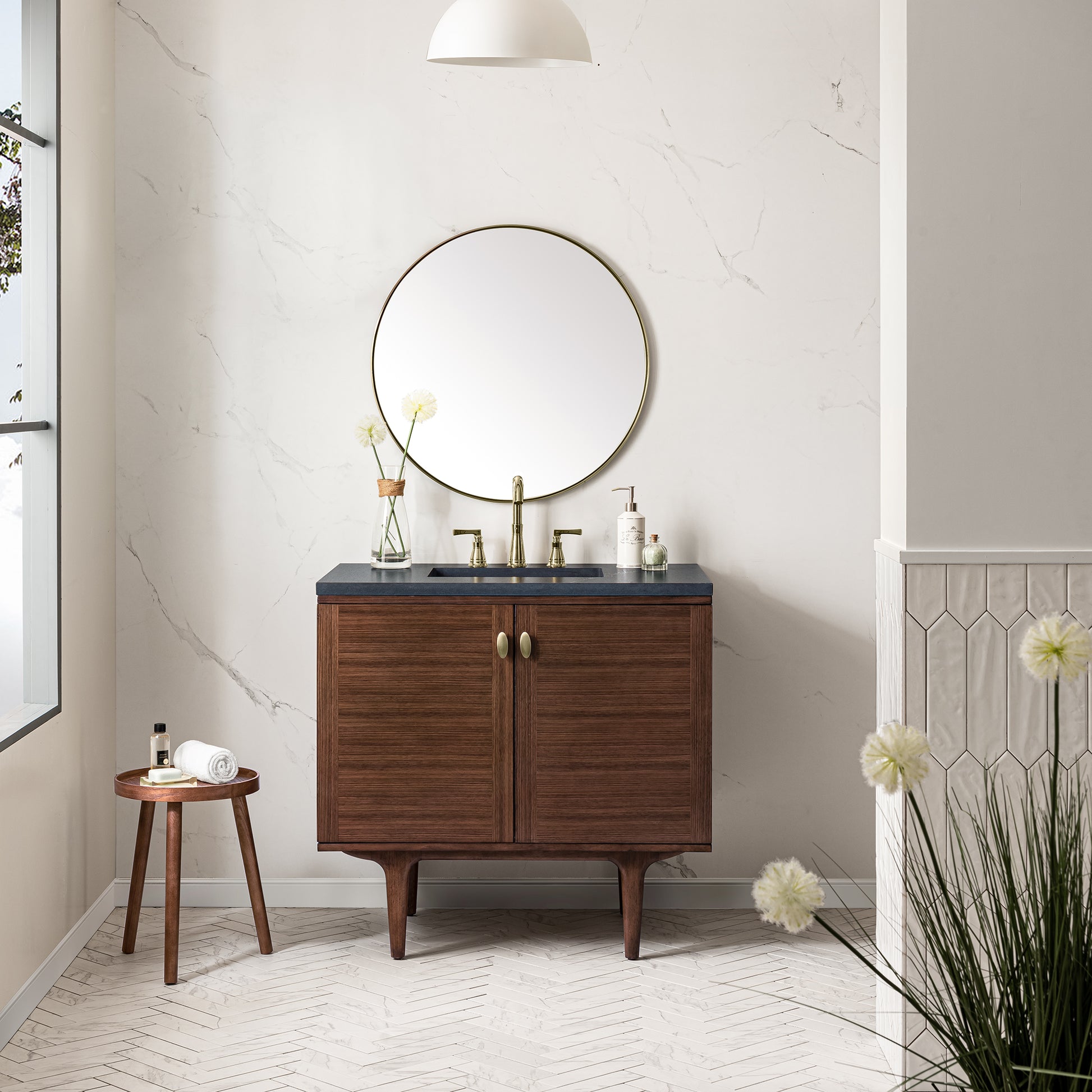 Amberly 36" Single Vanity, Mid-Century Walnut w/ 3CM Charcoal Soapstone Top James Martin Vanities