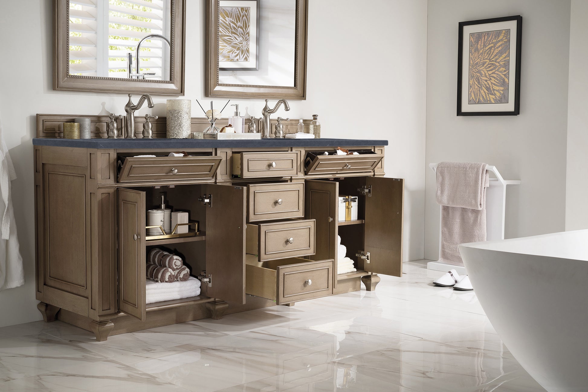 Bathroom Vanities Outlet Atlanta Renovate for LessBristol 72" Double Vanity, Whitewashed Walnut, w/ 3 CM Charcoal Soapstone Quartz Top
