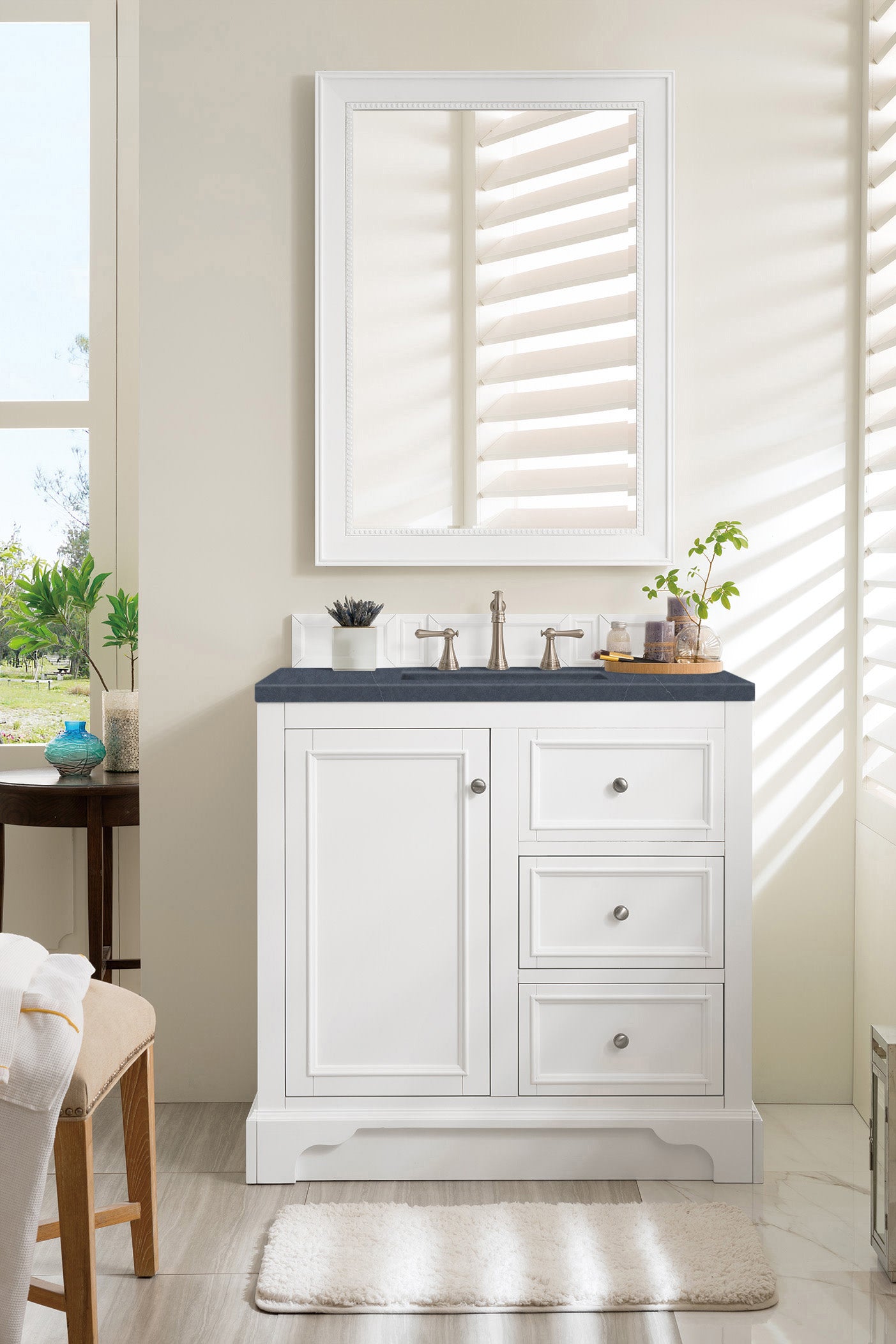 De Soto 36" Single Vanity, Bright White w/ 3 CM Charcoal Soapstone Quartz Top James Martin Vanities