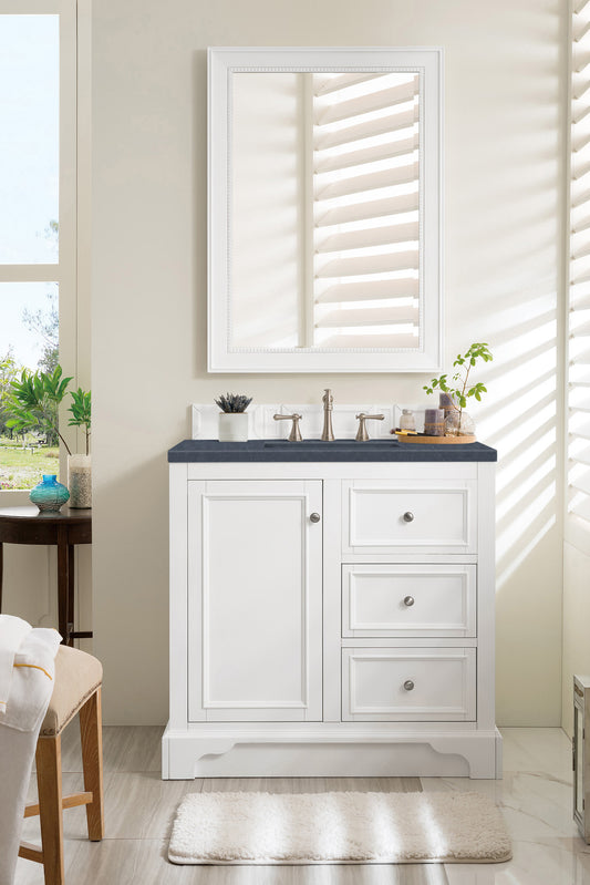 De Soto 36" Single Vanity, Bright White w/ 3 CM Charcoal Soapstone Quartz Top James Martin Vanities