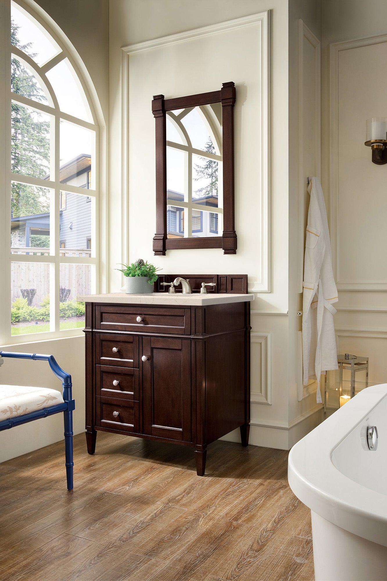 Brittany 30" Single Vanity, Burnished Mahogany, w/ 3 CM Eternal Marfil Quartz Top James Martin Vanities