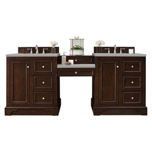 De Soto 82" Double Vanity Set, Burnished Mahogany w/ Makeup Table, 3 CM Eternal Serena Quartz Top James Martin