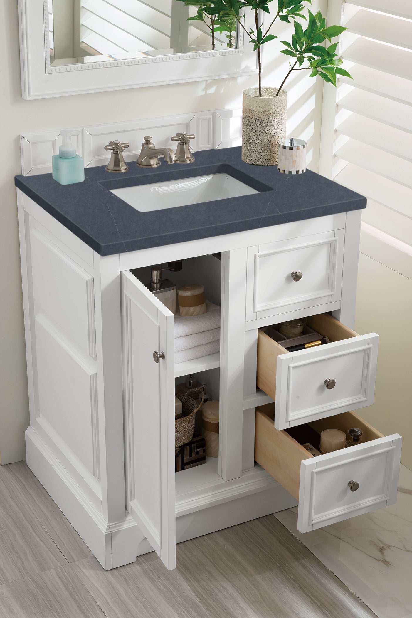 De Soto 30" Single Vanity, Bright White w/ 3 CM Charcoal Soapstone Quartz Top James Martin Vanities