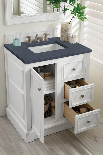 De Soto 30" Single Vanity, Bright White w/ 3 CM Charcoal Soapstone Quartz Top James Martin Vanities
