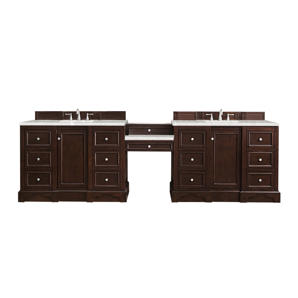 De Soto 118" Double Vanity Set, Burnished Mahogany w/ Makeup Table, 3 CM Eternal Serena Quartz Top James Martin